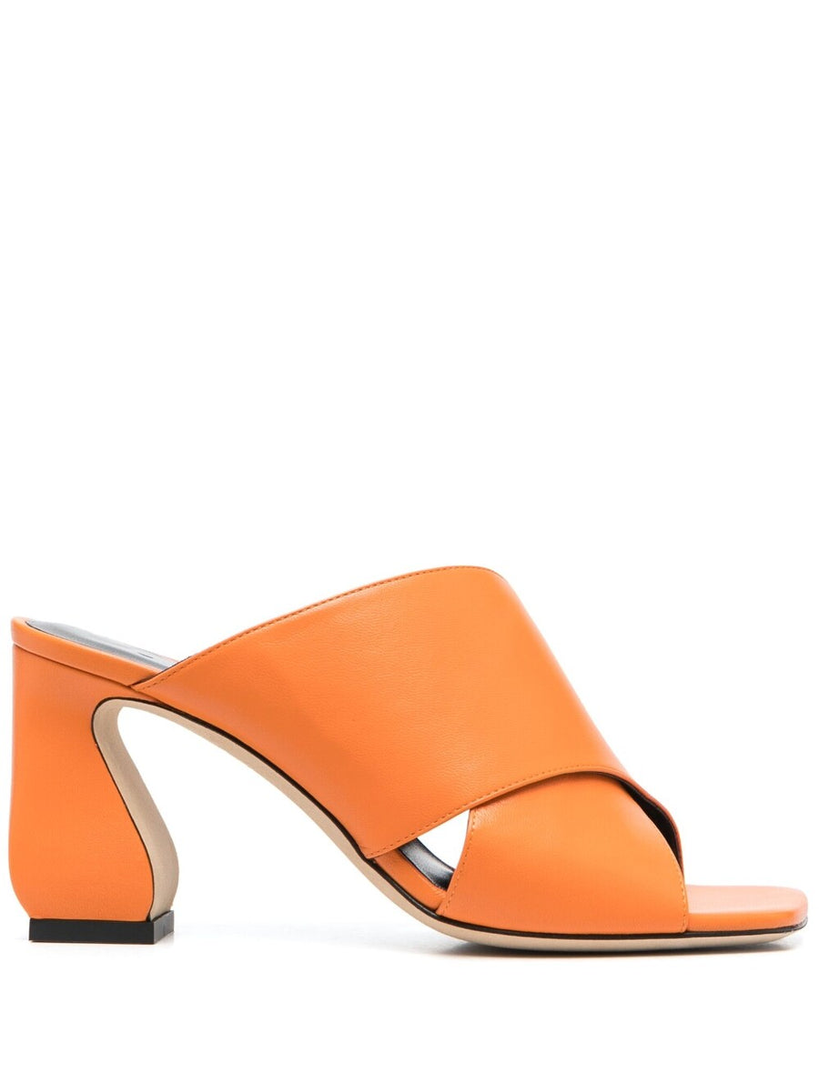 Si Rossi Leather Mules Bold Orange Open Toe 80mm Block Heel Multi-Way Straps For Women