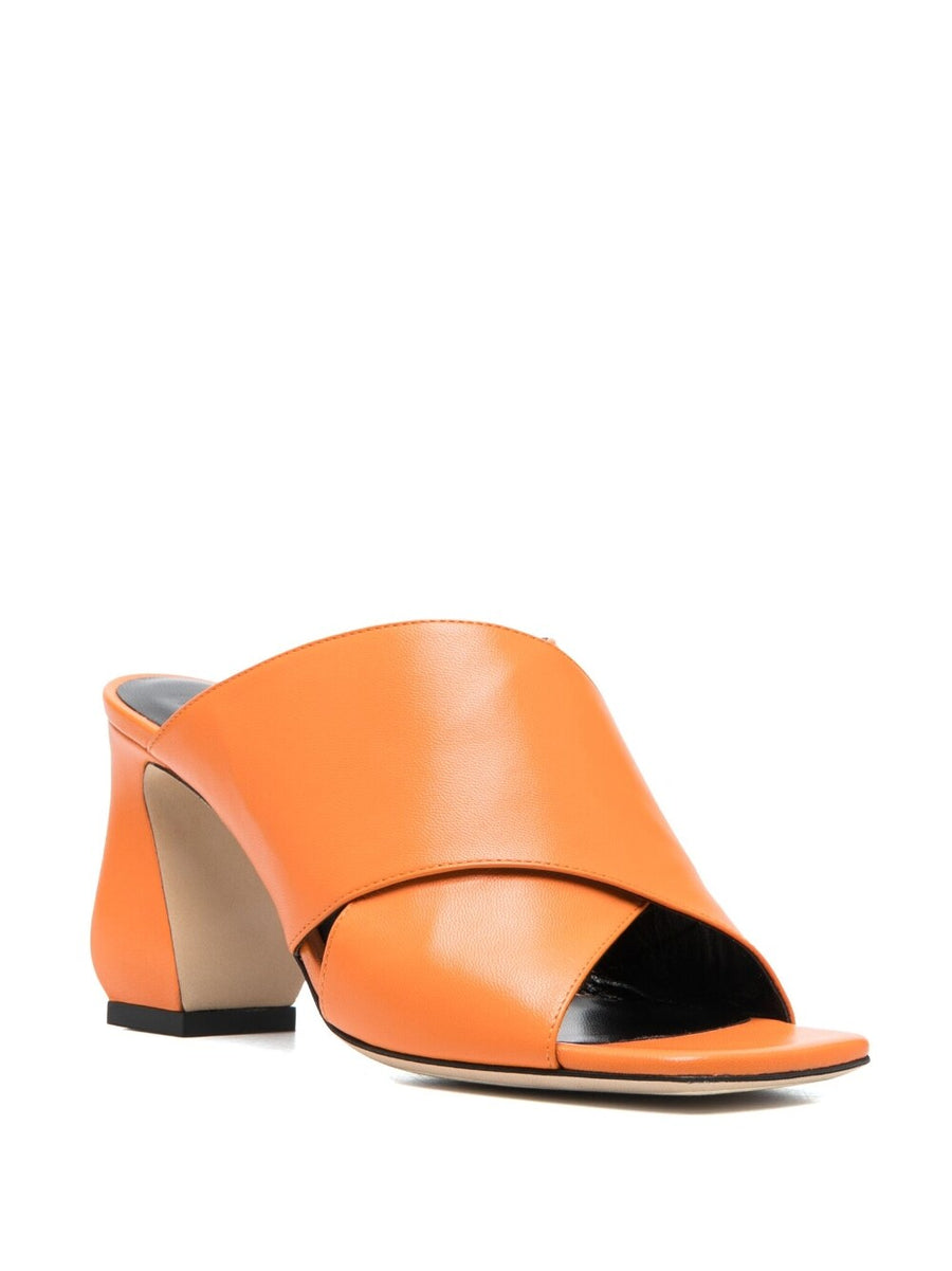 Si Rossi Leather Mules Bold Orange Open Toe 80mm Block Heel Multi-Way Straps For Women