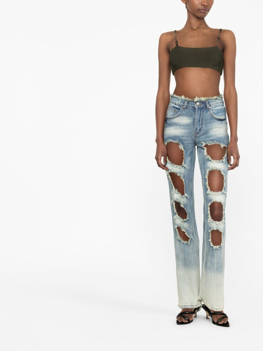 Rui Cutout Detail Denim Jeans For Women High Waist Distressed Edgy Straight Leg With Five Pockets