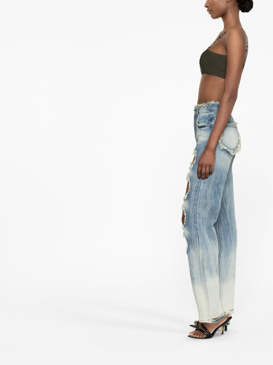 Rui Cutout Detail Denim Jeans For Women High Waist Distressed Edgy Straight Leg With Five Pockets