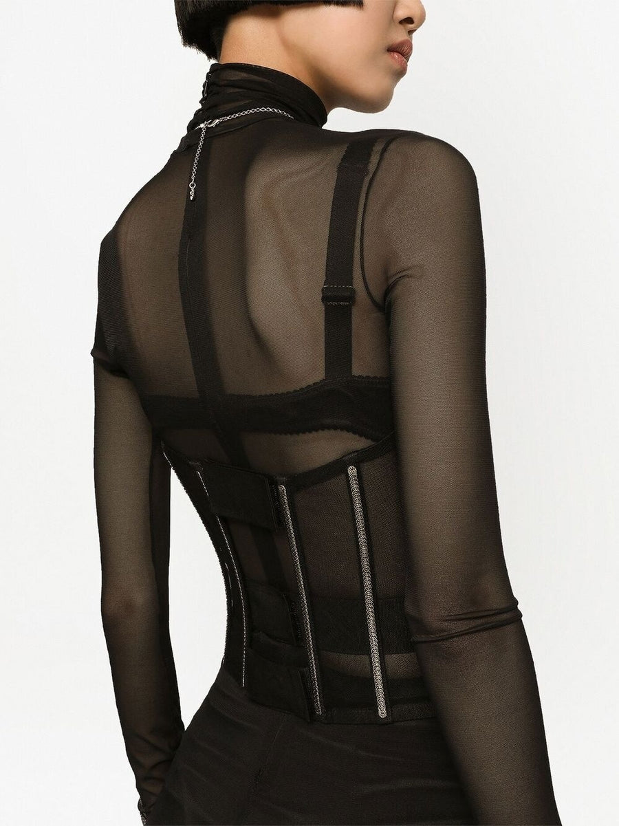 Dolce & Gabbana Lux Corset Belt With Boning Black Stripe Embroidery Mesh Detailing For Women