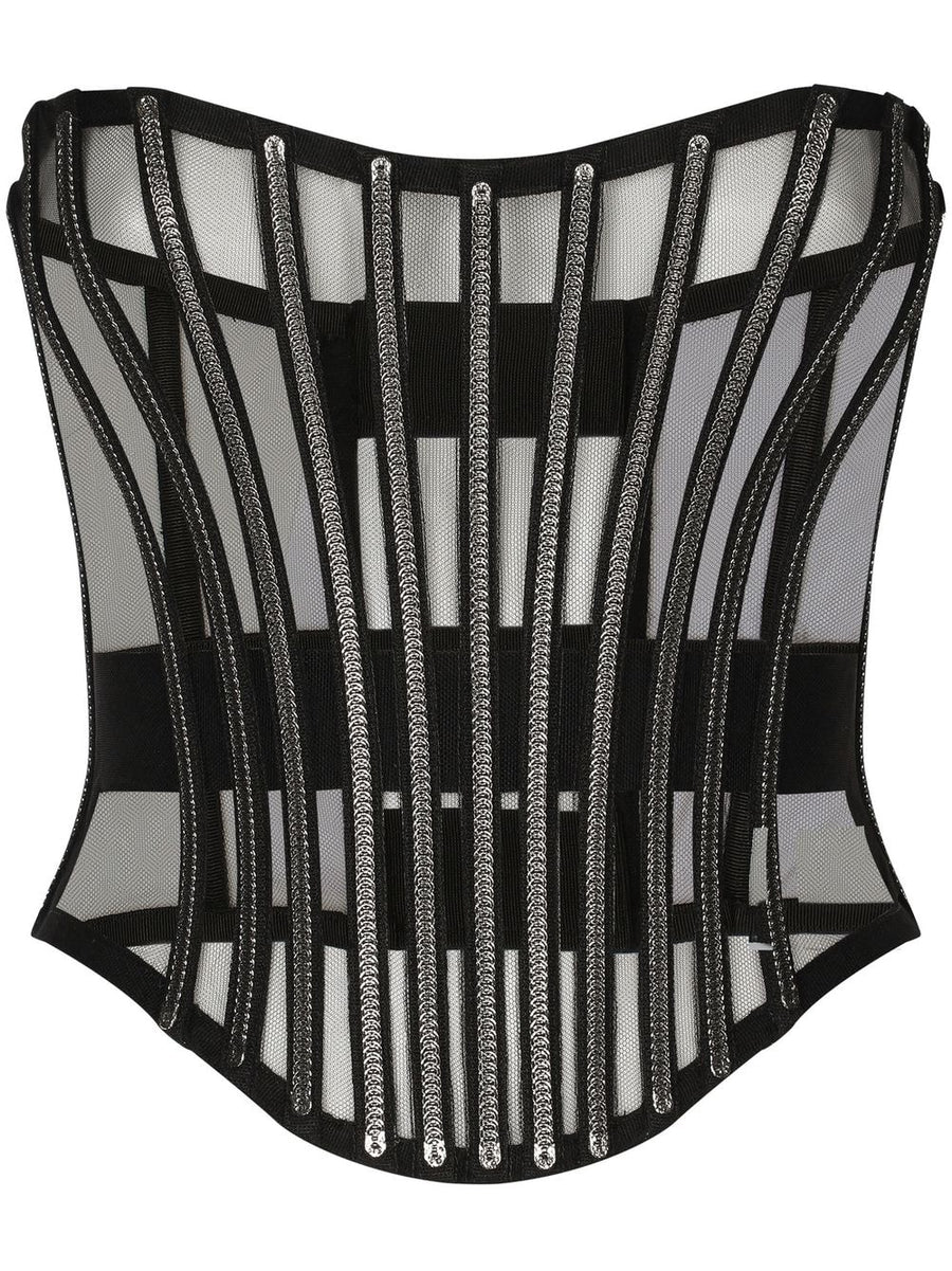Dolce & Gabbana Lux Corset Belt With Boning Black Stripe Embroidery Mesh Detailing For Women