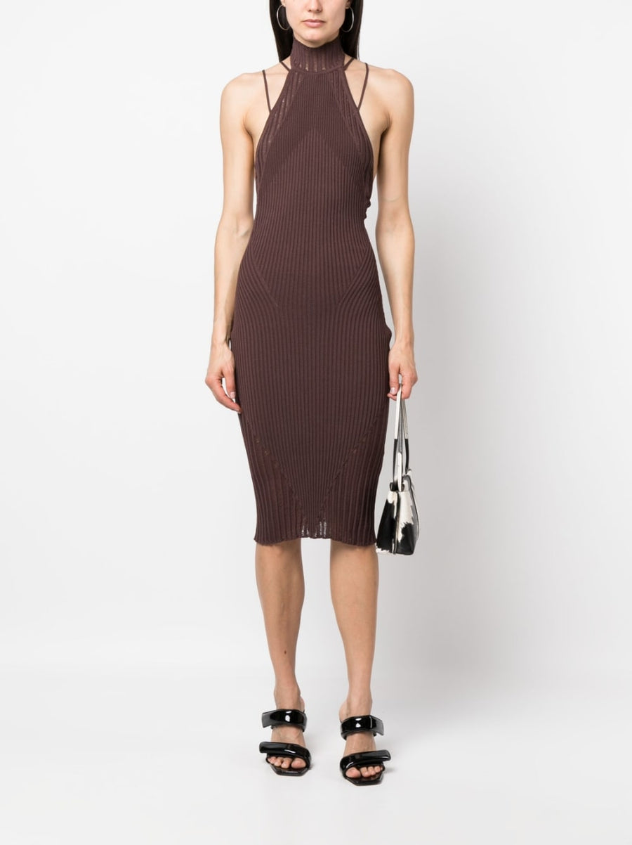 AndreAdamo Ribbed Halterneck Midi Dress For Women Elegant Knit Panelled Design Luxurious Viscose Blend
