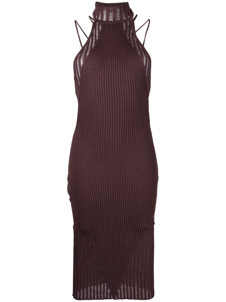 AndreAdamo Ribbed Halterneck Midi Dress For Women Elegant Knit Panelled Design Luxurious Viscose Blend