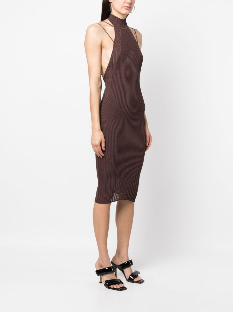 AndreAdamo Ribbed Halterneck Midi Dress For Women Elegant Knit Panelled Design Luxurious Viscose Blend