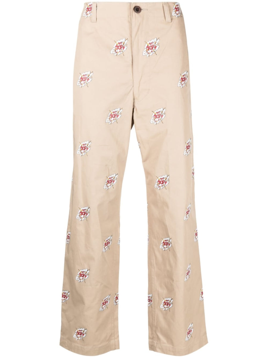 Junya Watanabe Cotton Trousers For Men With Cartoon Graphic Print Beige Versatile Premium Streetwear