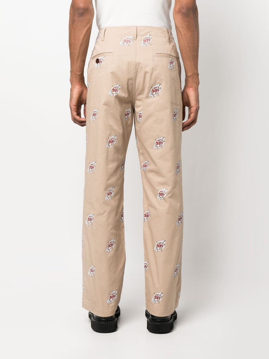 Junya Watanabe Cotton Trousers For Men With Cartoon Graphic Print Beige Versatile Premium Streetwear