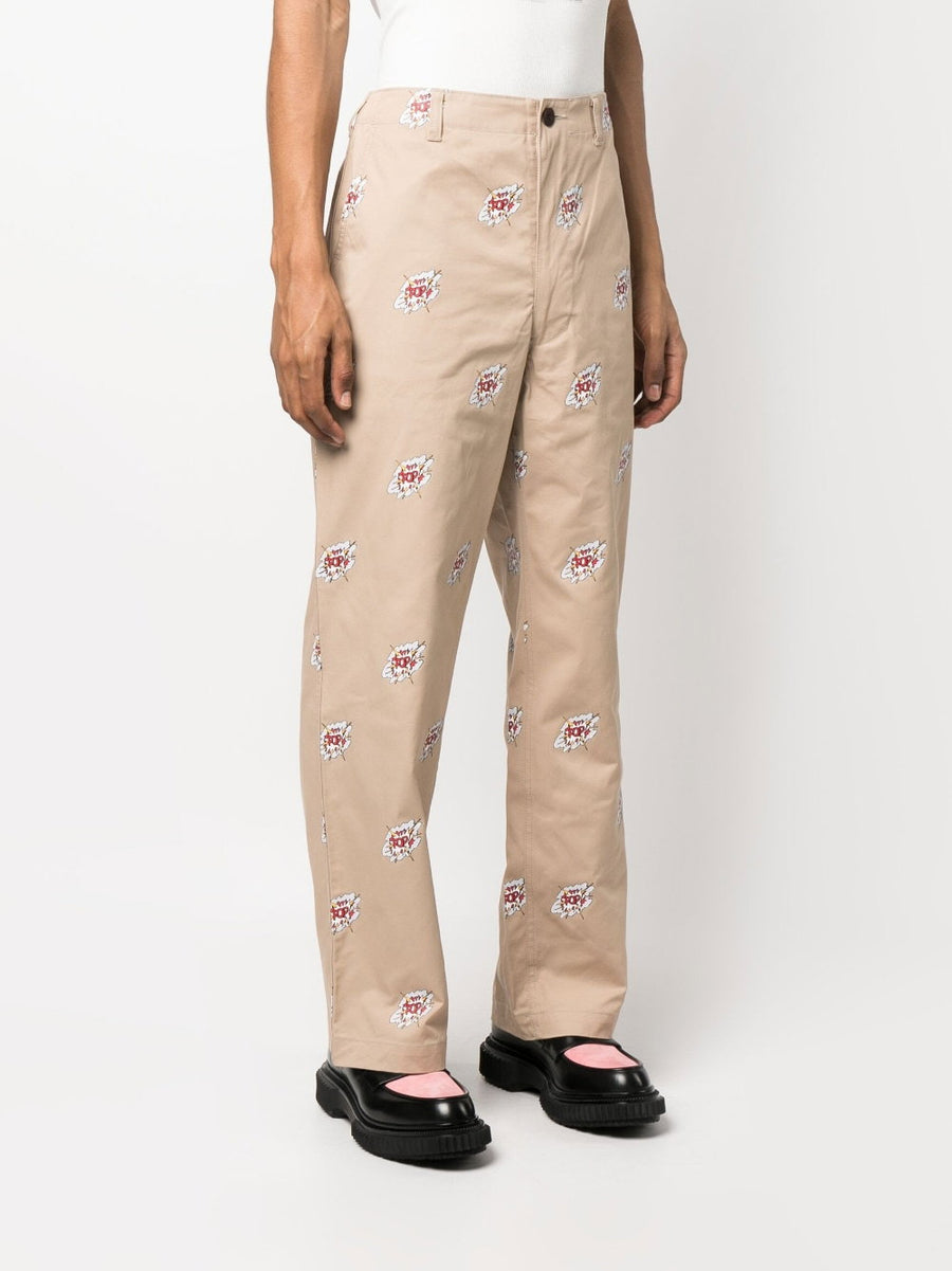 Junya Watanabe Cotton Trousers For Men With Cartoon Graphic Print Beige Versatile Premium Streetwear