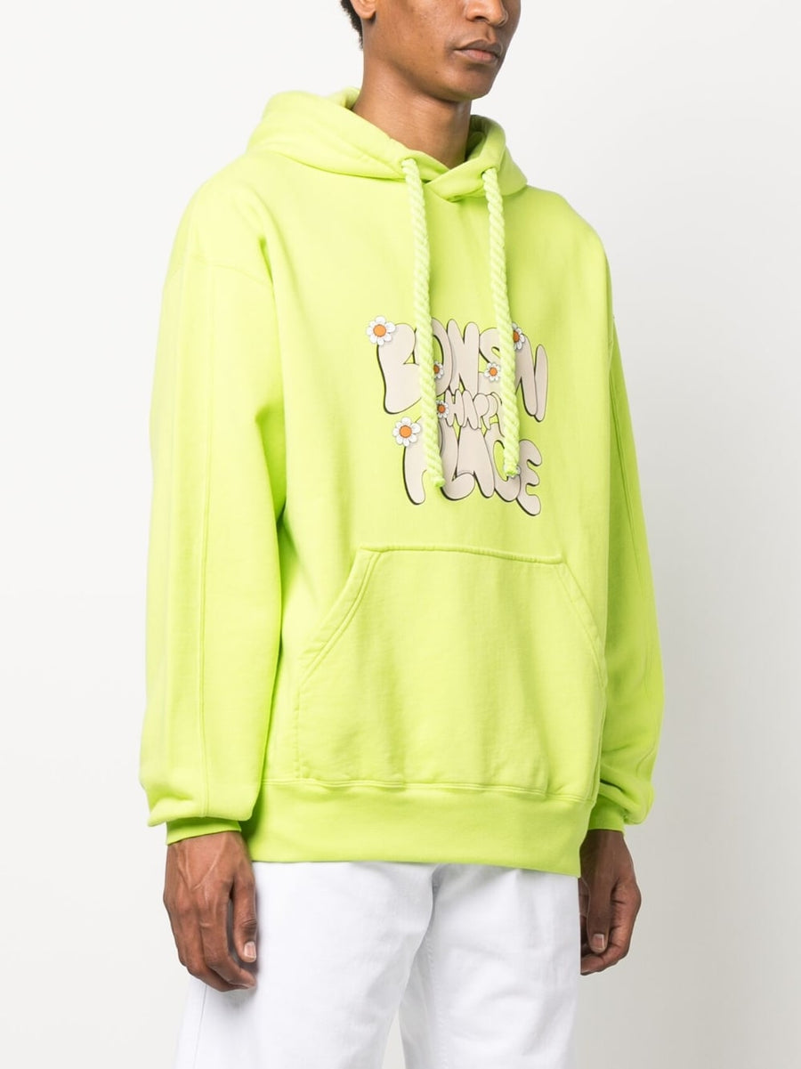 Bonsai Printed Cotton Hoodie Drawstring Neon Green Slogan Front Pocket For Men Streetwear