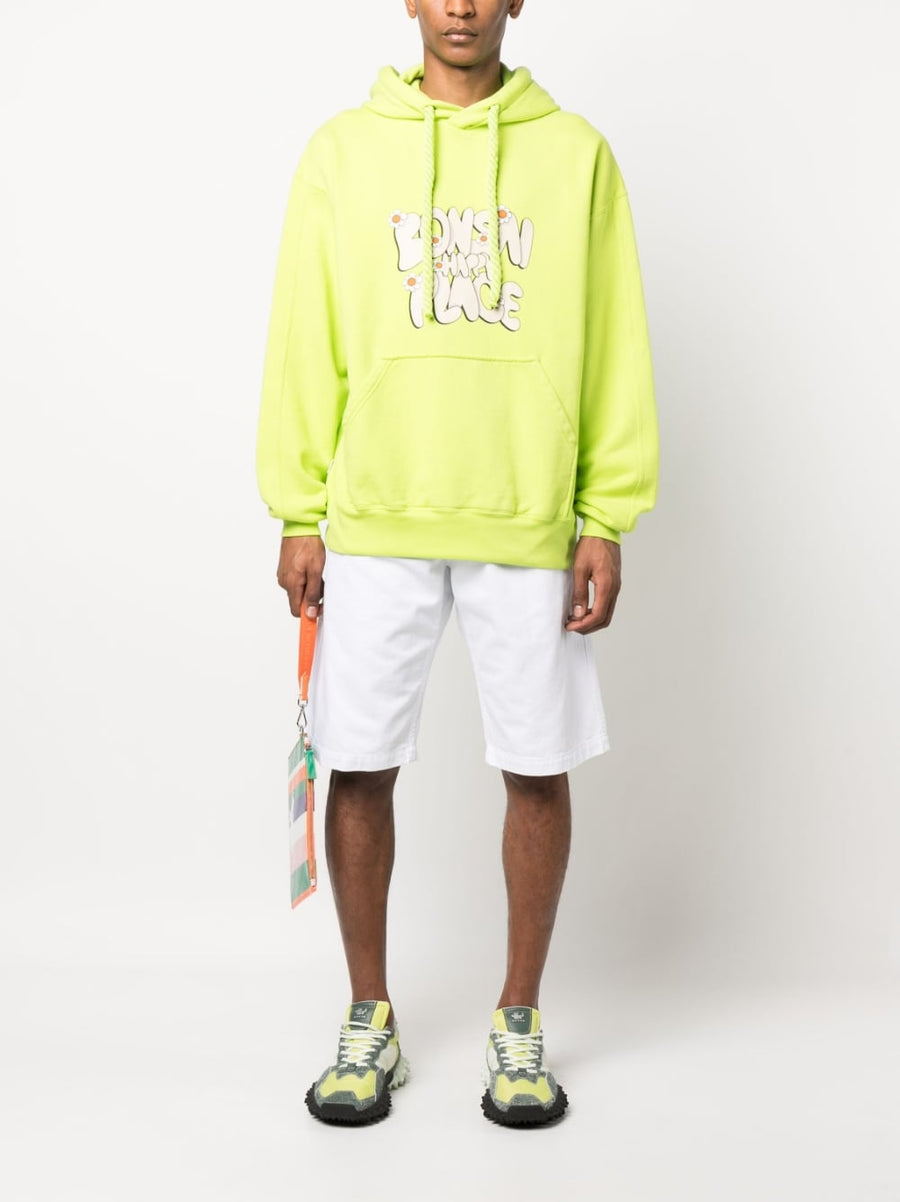 Bonsai Printed Cotton Hoodie Drawstring Neon Green Slogan Front Pocket For Men Streetwear