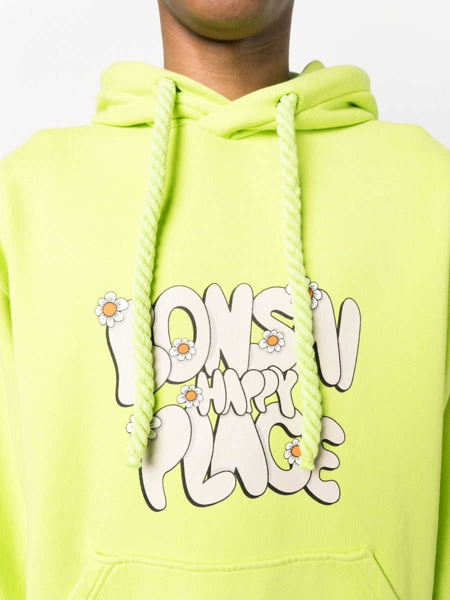 Bonsai Printed Cotton Hoodie Drawstring Neon Green Slogan Front Pocket For Men Streetwear