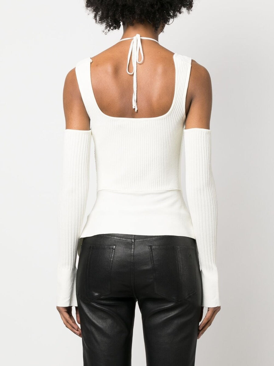Knit Ribbed Top With Cutouts Halterneck Tie From AndreAdamo Ivory White For Women