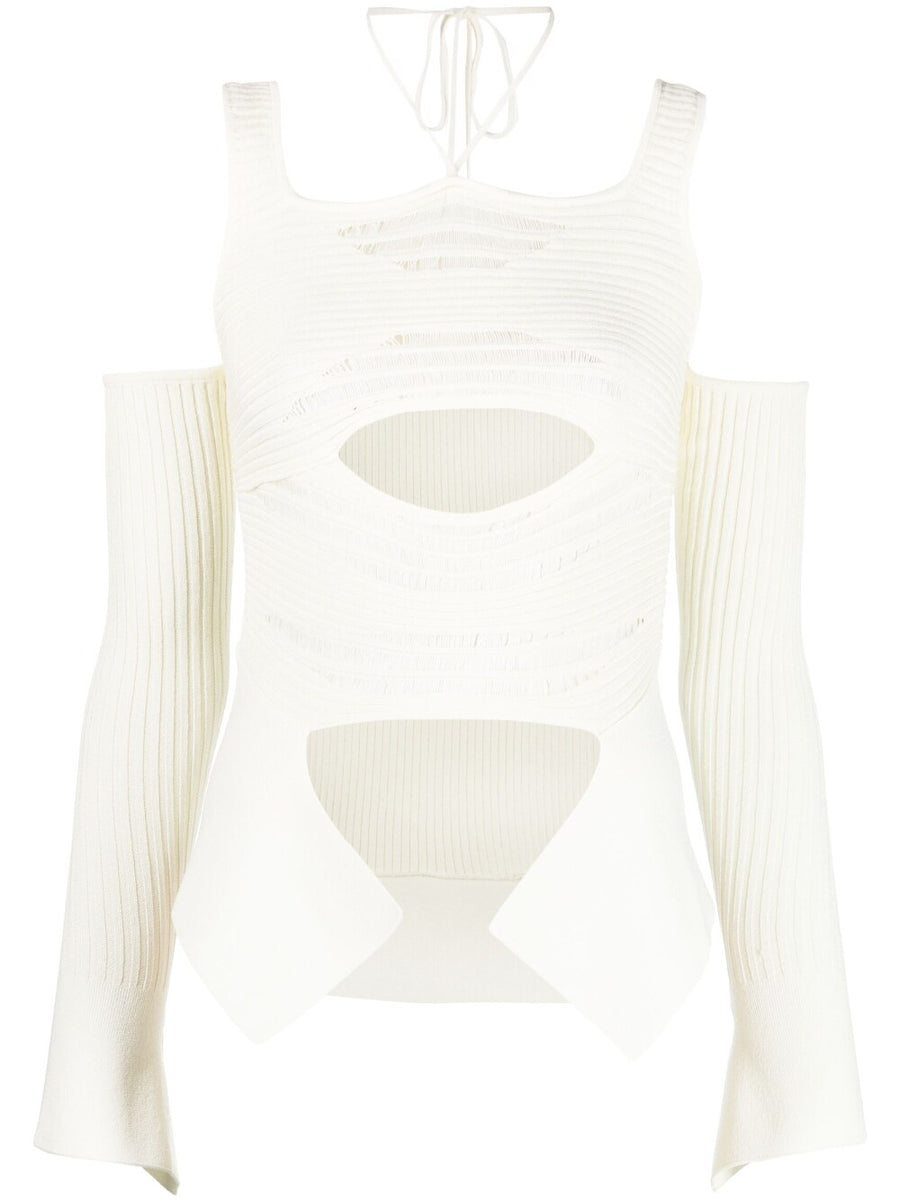 Knit Ribbed Top With Cutouts Halterneck Tie From AndreAdamo Ivory White For Women