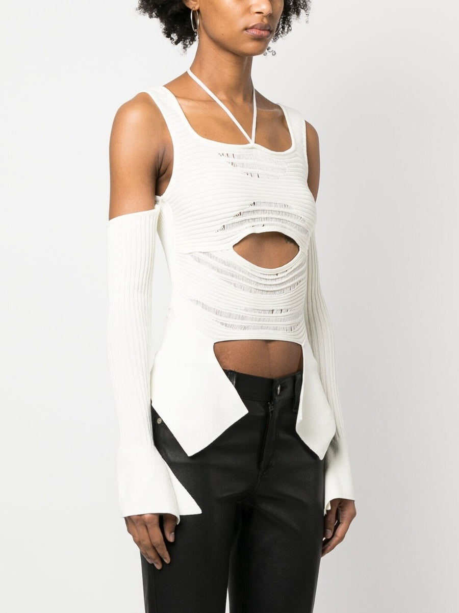 Knit Ribbed Top With Cutouts Halterneck Tie From AndreAdamo Ivory White For Women