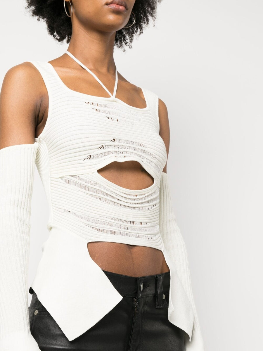 Knit Ribbed Top With Cutouts Halterneck Tie From AndreAdamo Ivory White For Women
