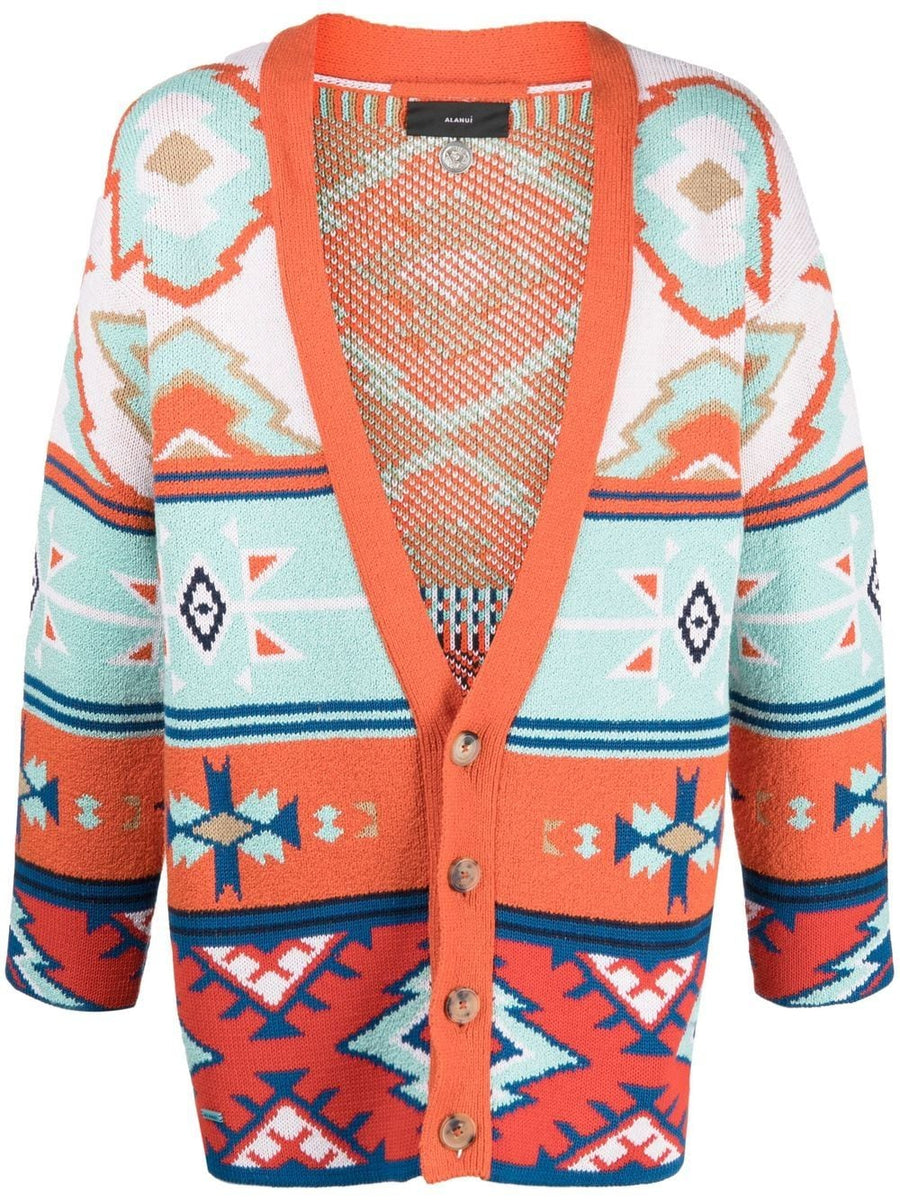 Alanui Desert Road Jacquard Cardigan For Men Multicolor Cotton Knit With Front Button V Neck