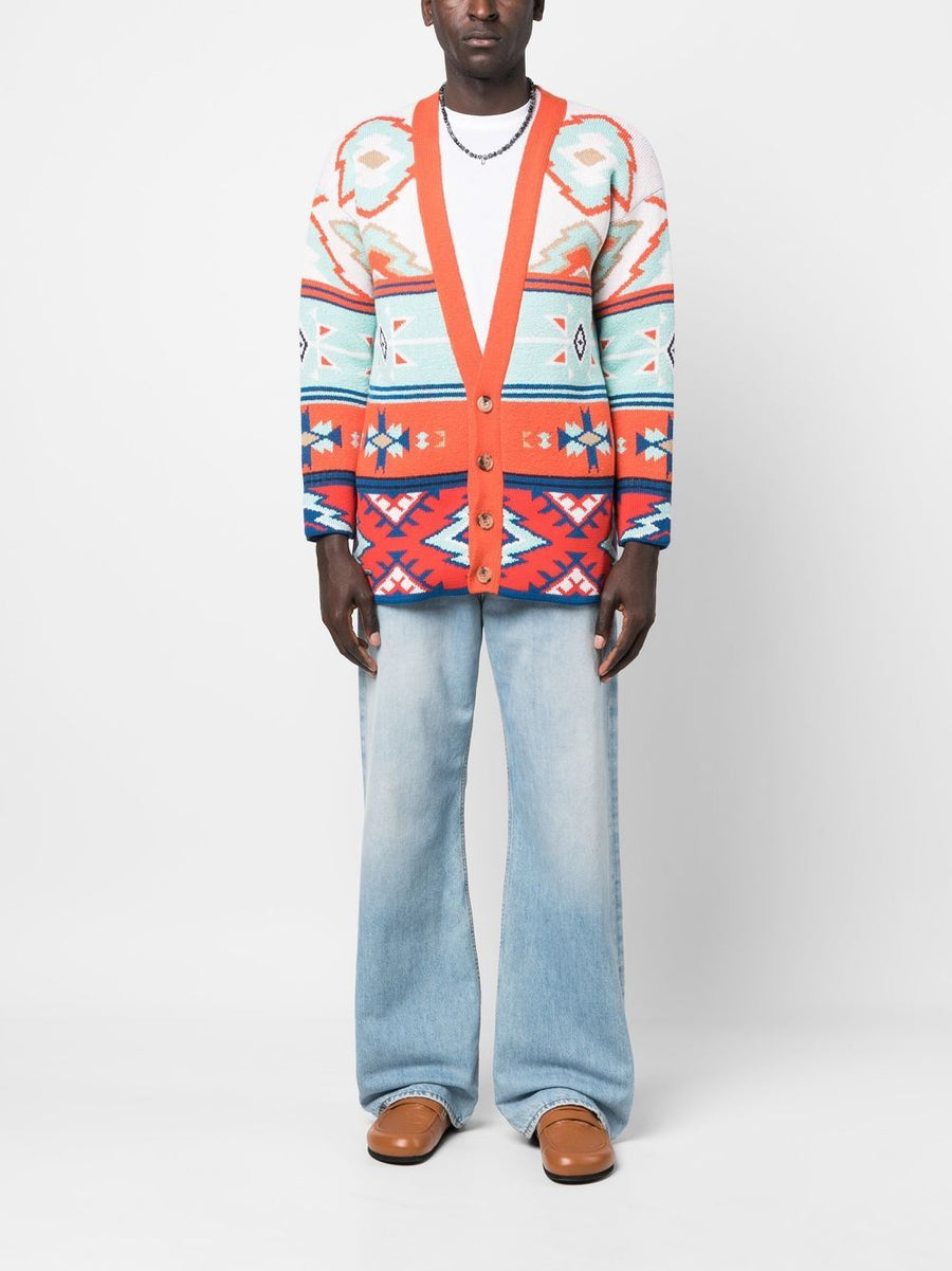 Alanui Desert Road Jacquard Cardigan For Men Multicolor Cotton Knit With Front Button V Neck