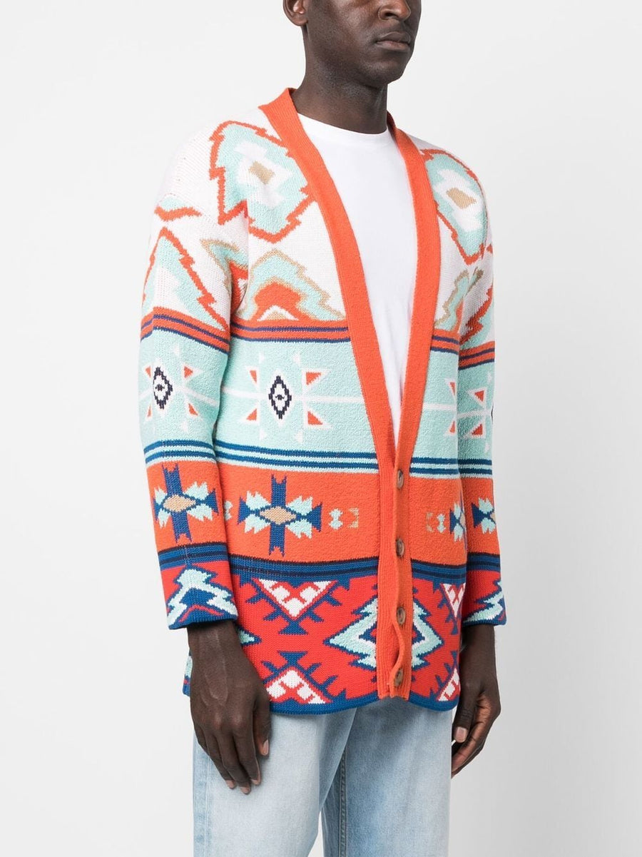 Alanui Desert Road Jacquard Cardigan For Men Multicolor Cotton Knit With Front Button V Neck