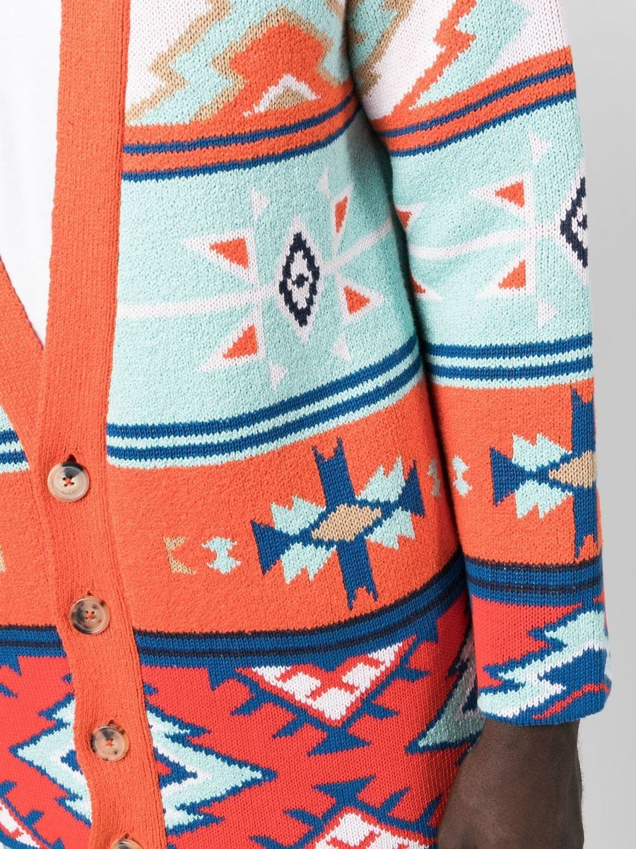 Alanui Desert Road Jacquard Cardigan For Men Multicolor Cotton Knit With Front Button V Neck