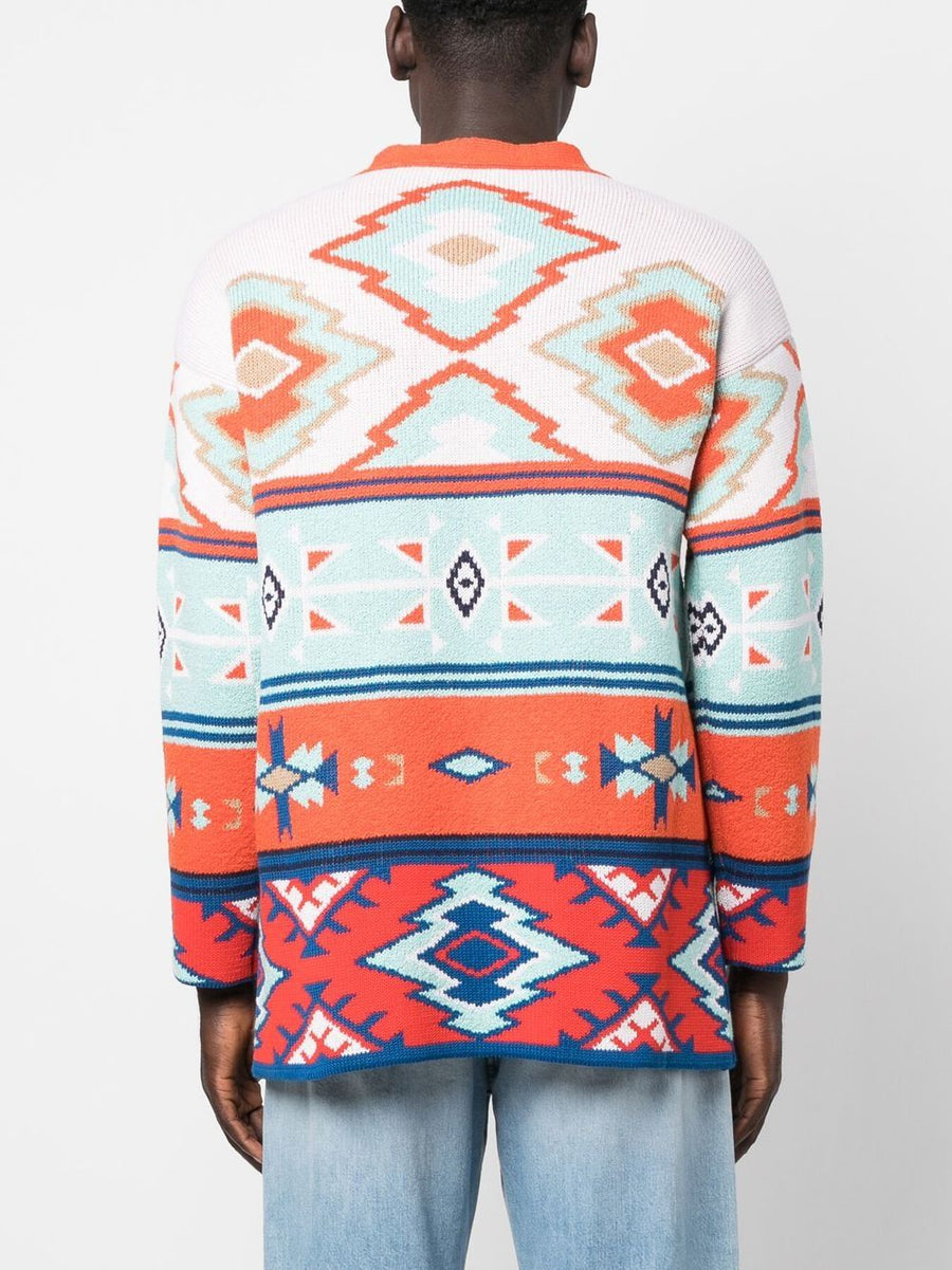 Alanui Desert Road Jacquard Cardigan For Men Multicolor Cotton Knit With Front Button V Neck