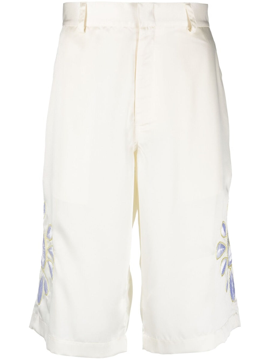 Bluemarble Embroidered Flowers Shorts For Men Luxe Satin Knee Length Cream Embroidery Resort Ready