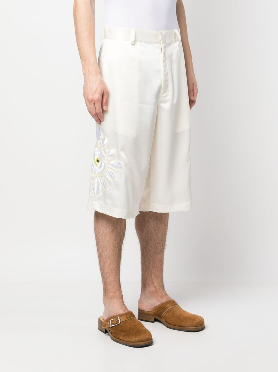 Bluemarble Embroidered Flowers Shorts For Men Luxe Satin Knee Length Cream Embroidery Resort Ready