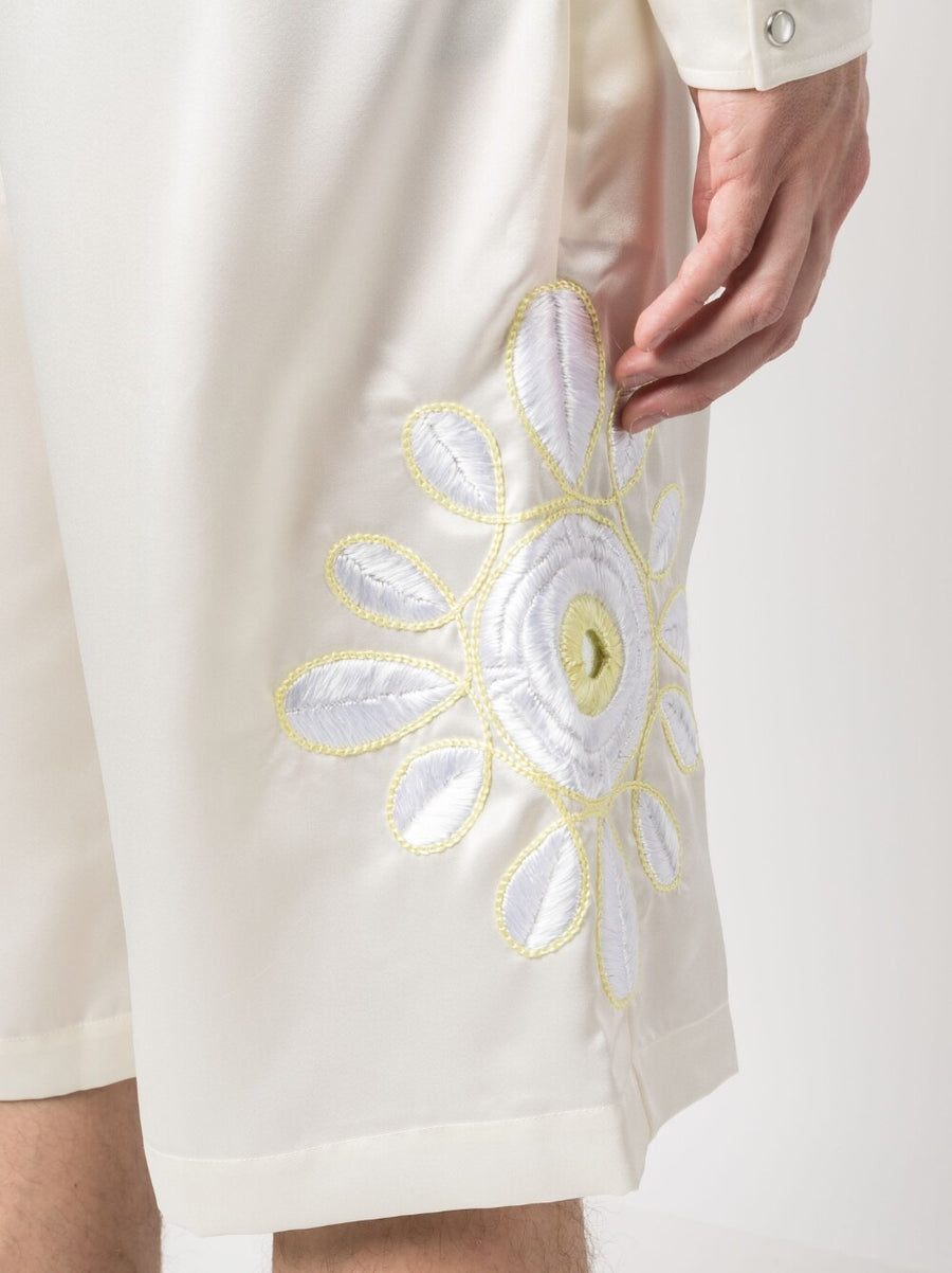 Bluemarble Embroidered Flowers Shorts For Men Luxe Satin Knee Length Cream Embroidery Resort Ready