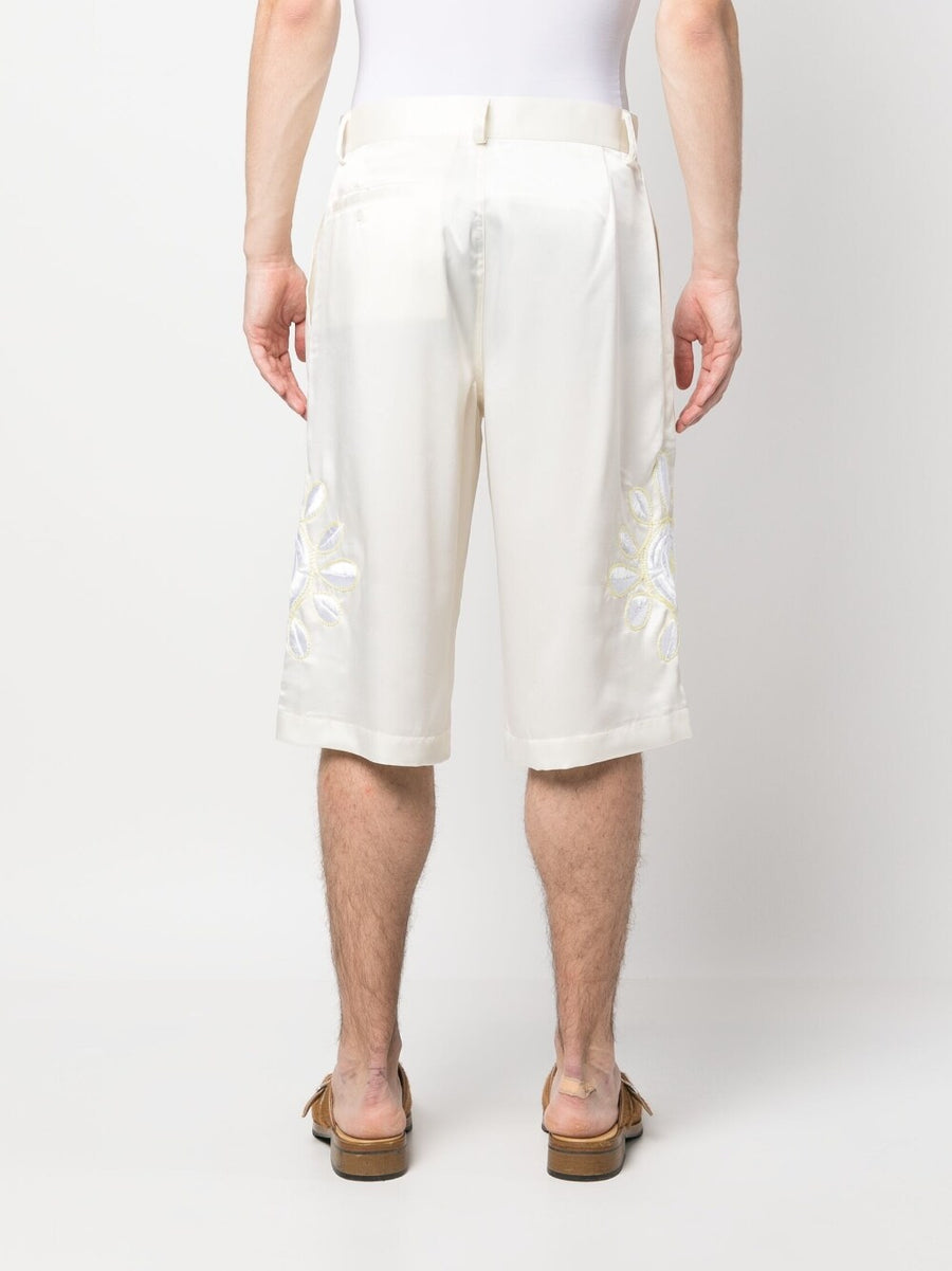 Bluemarble Embroidered Flowers Shorts For Men Luxe Satin Knee Length Cream Embroidery Resort Ready
