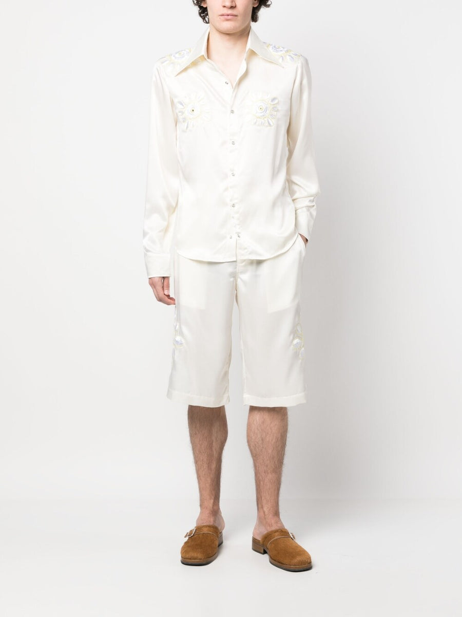 Bluemarble Embroidered Flowers Shorts For Men Luxe Satin Knee Length Cream Embroidery Resort Ready