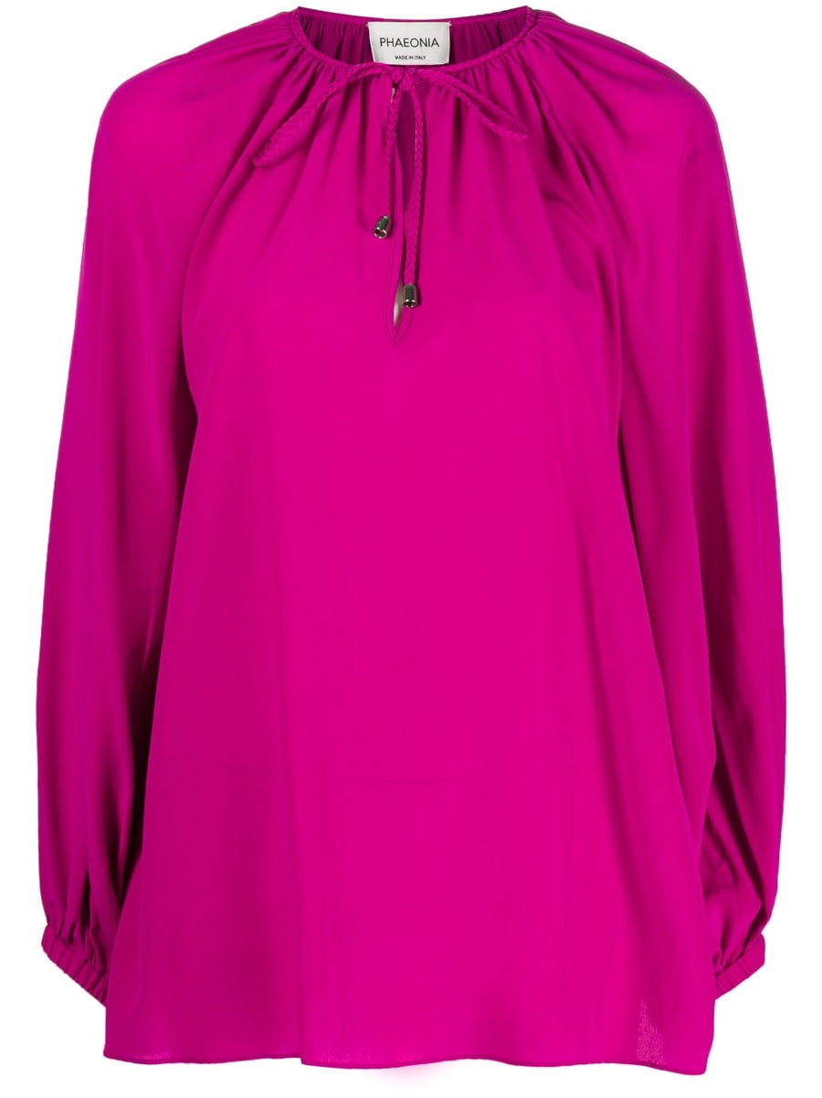 Phaeonia Silk Blouse Anita Self Tie Neckline Fuchsia For Women Luxury Workwear Evening Top