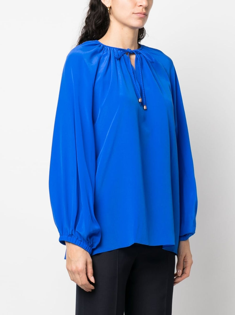 Phaeonia Silk Blouse Anita Self Tie Keyhole Neckline Long Sleeve Top For Women Royal Blue Luxury