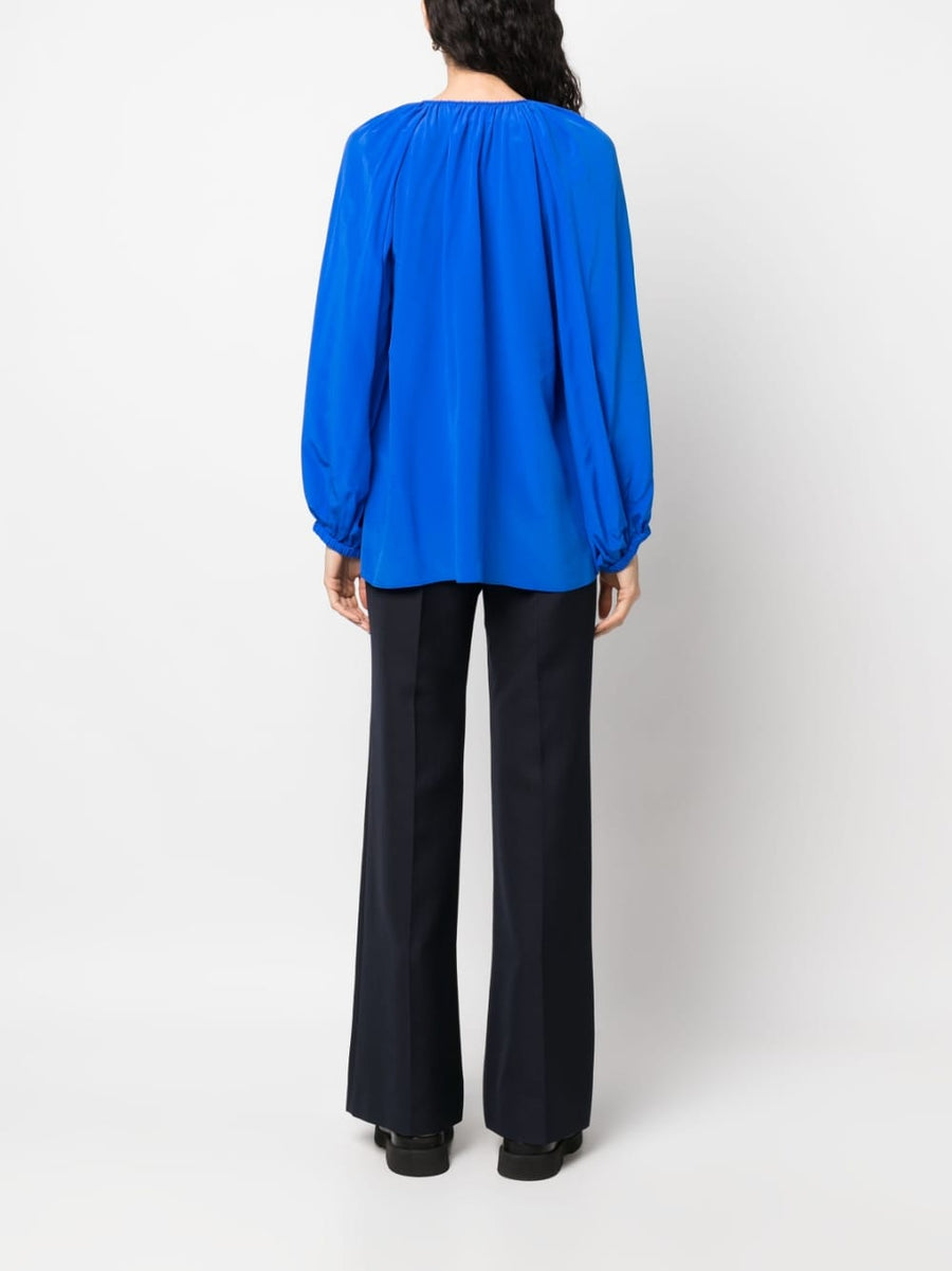 Phaeonia Silk Blouse Anita Self Tie Keyhole Neckline Long Sleeve Top For Women Royal Blue Luxury