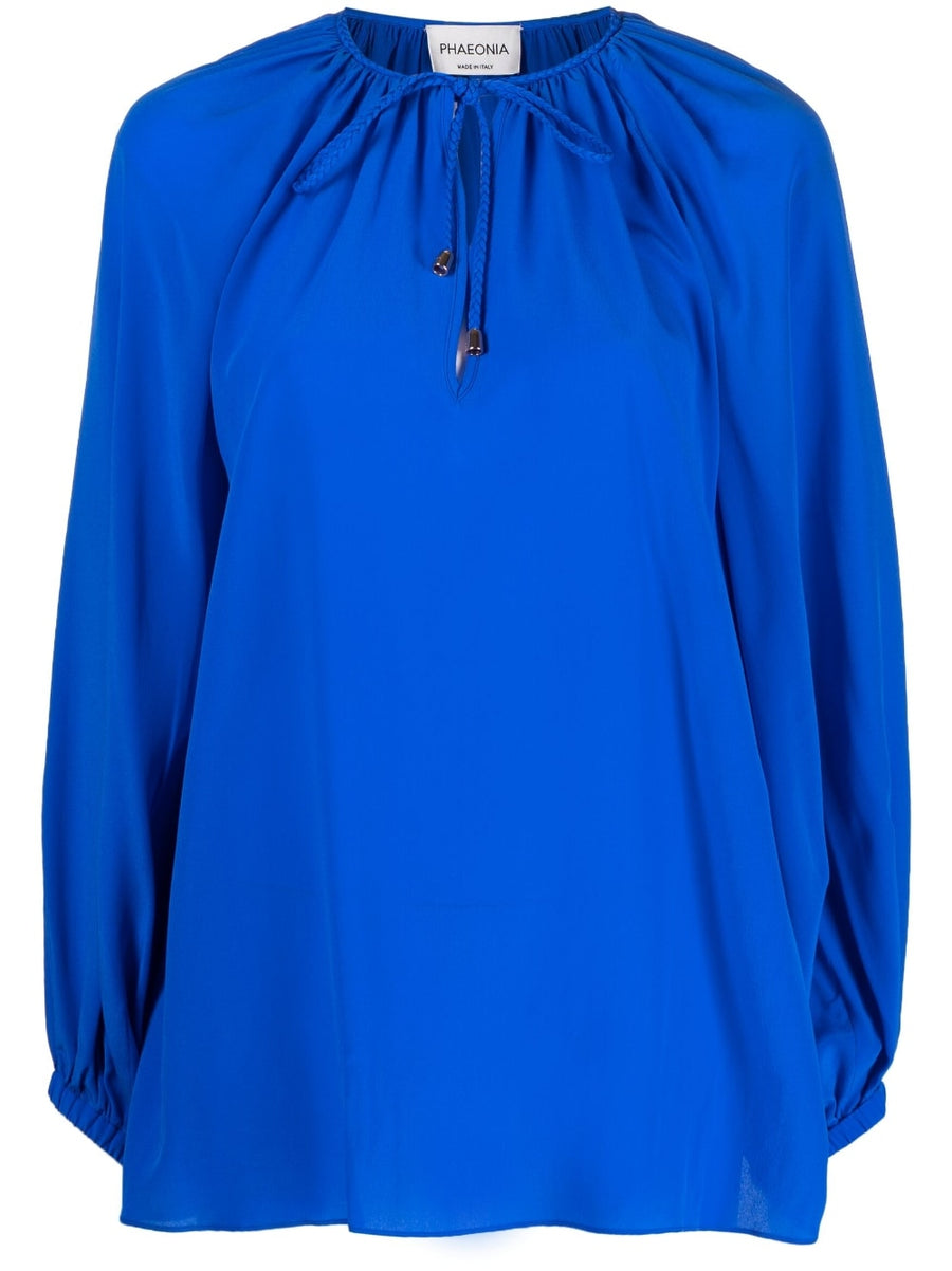 Phaeonia Silk Blouse Anita Self Tie Keyhole Neckline Long Sleeve Top For Women Royal Blue Luxury