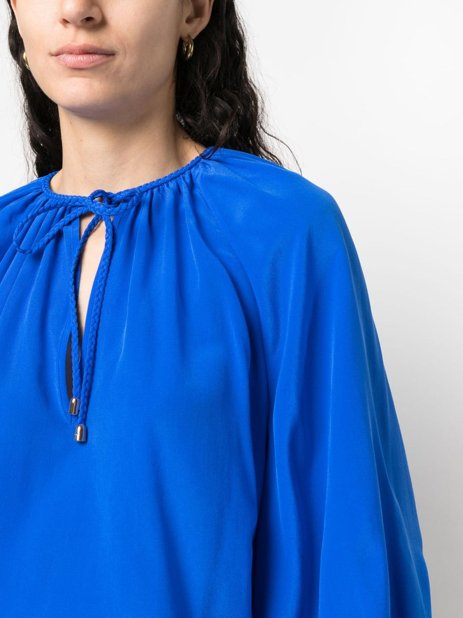 Phaeonia Silk Blouse Anita Self Tie Keyhole Neckline Long Sleeve Top For Women Royal Blue Luxury