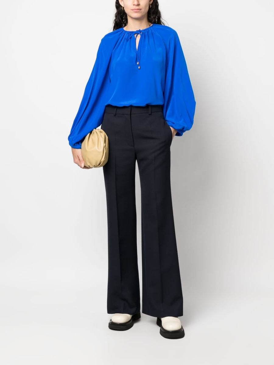 Phaeonia Silk Blouse Anita Self Tie Keyhole Neckline Long Sleeve Top For Women Royal Blue Luxury