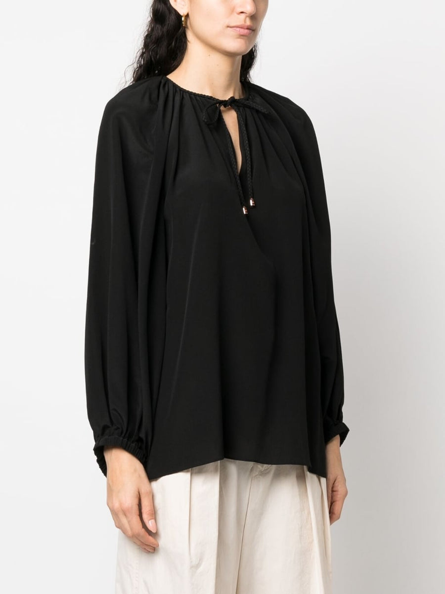 Phaeonia Anita Silk Blouse For Women Self Tie Neckline And Keyhole Long Sleeves Chic Luxury Top