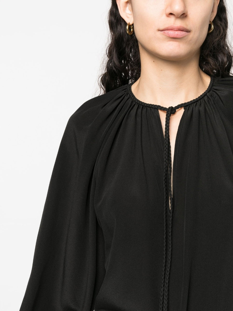 Phaeonia Anita Silk Blouse For Women Self Tie Neckline And Keyhole Long Sleeves Chic Luxury Top