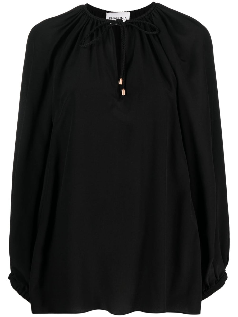 Phaeonia Anita Silk Blouse For Women Self Tie Neckline And Keyhole Long Sleeves Chic Luxury Top