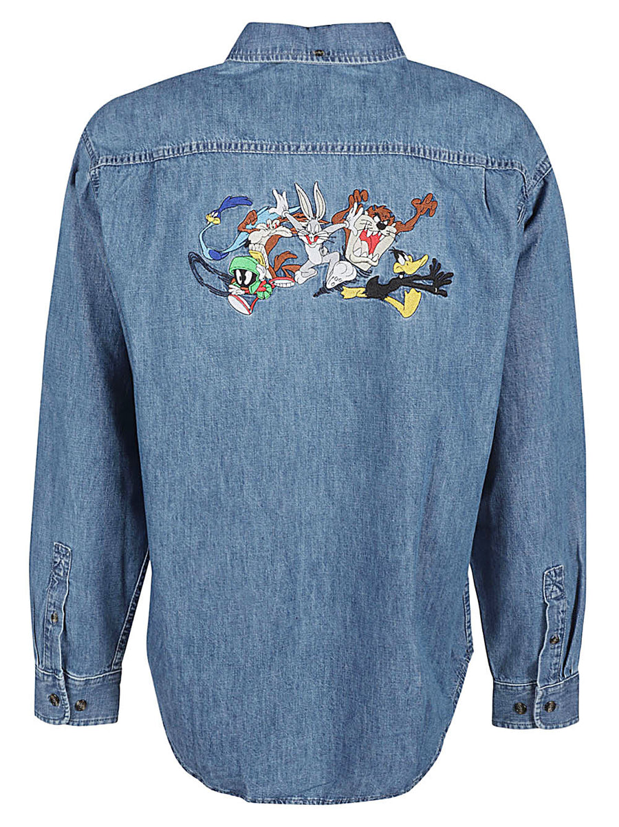 Iuter Looney Tunes Denim Shirt For Men 100 Percent Cotton Clear Blue Urban Everyday Wear