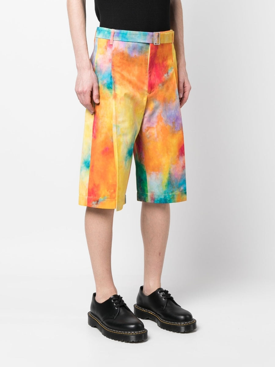 Etudes Tie Dye Cotton Shorts For Men With Pleated Wide Leg And Belted Waist Luxury