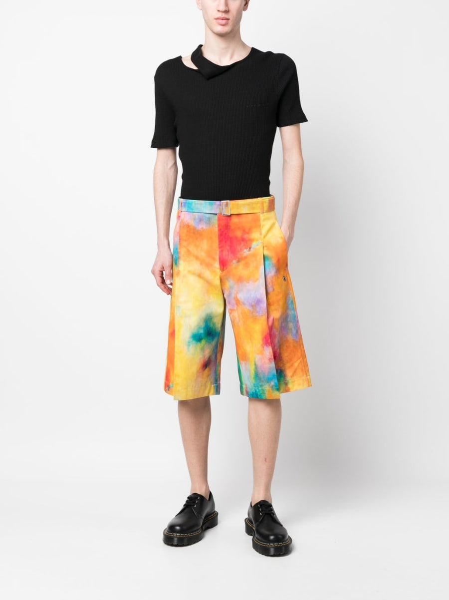 Etudes Tie Dye Cotton Shorts For Men With Pleated Wide Leg And Belted Waist Luxury