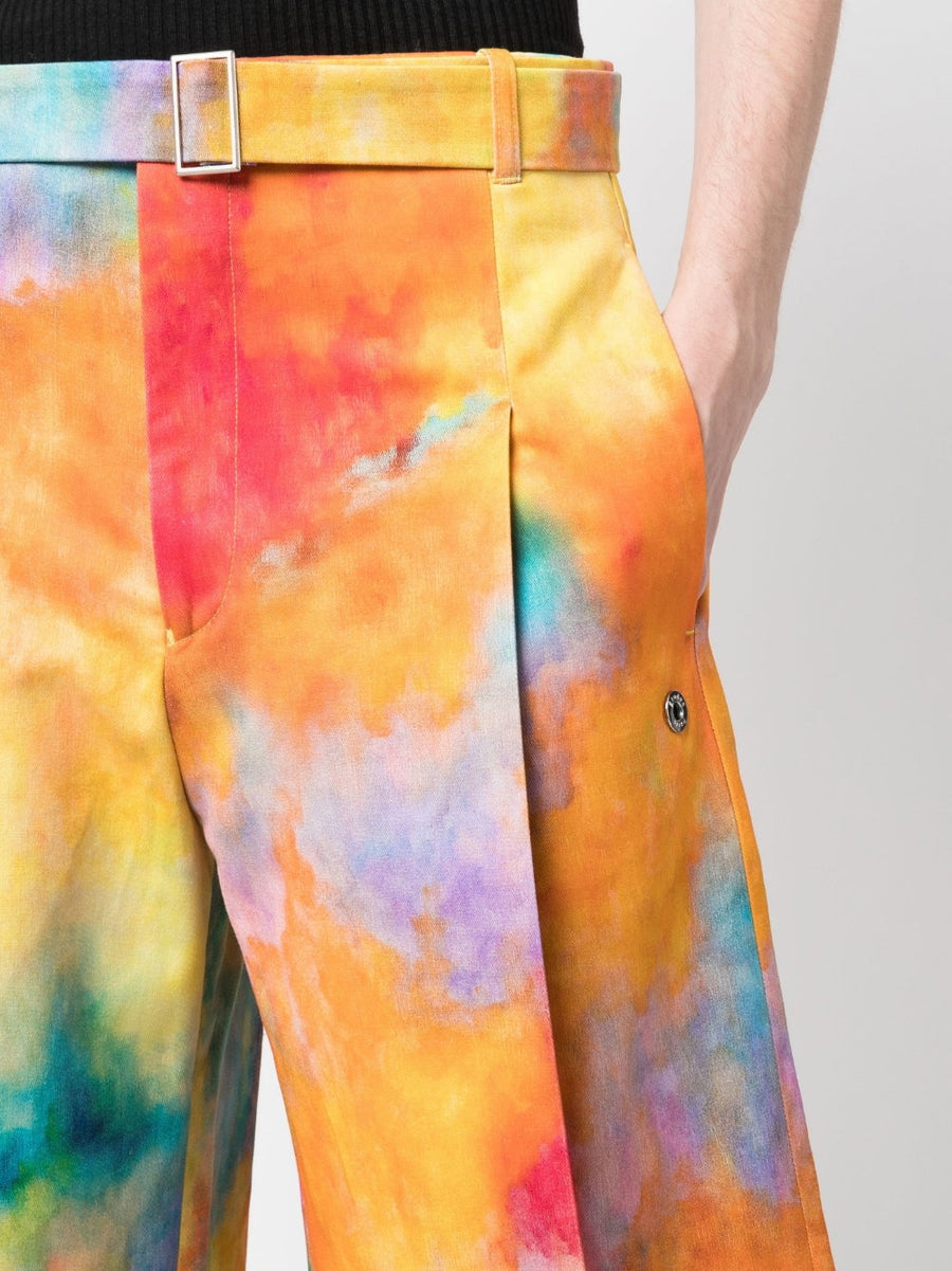 Etudes Tie Dye Cotton Shorts For Men With Pleated Wide Leg And Belted Waist Luxury