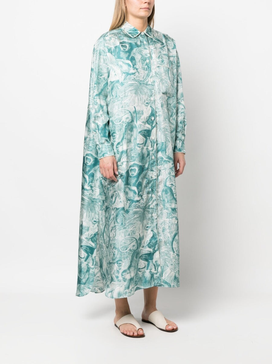 F.R.S Printed Silk Shirt Dress For Women 100 Silk Blue Branch Motif Resort Ready Luxury