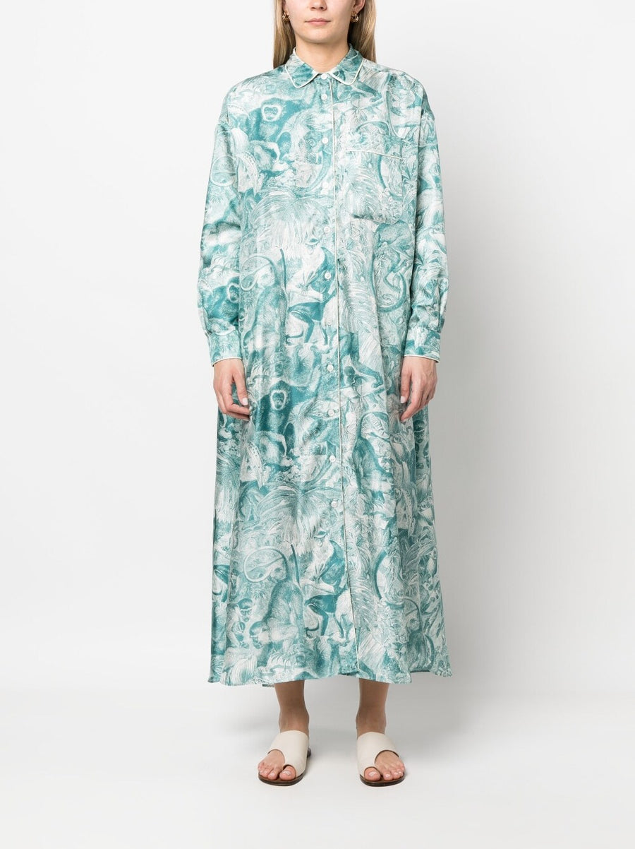 F.R.S Printed Silk Shirt Dress For Women 100 Silk Blue Branch Motif Resort Ready Luxury