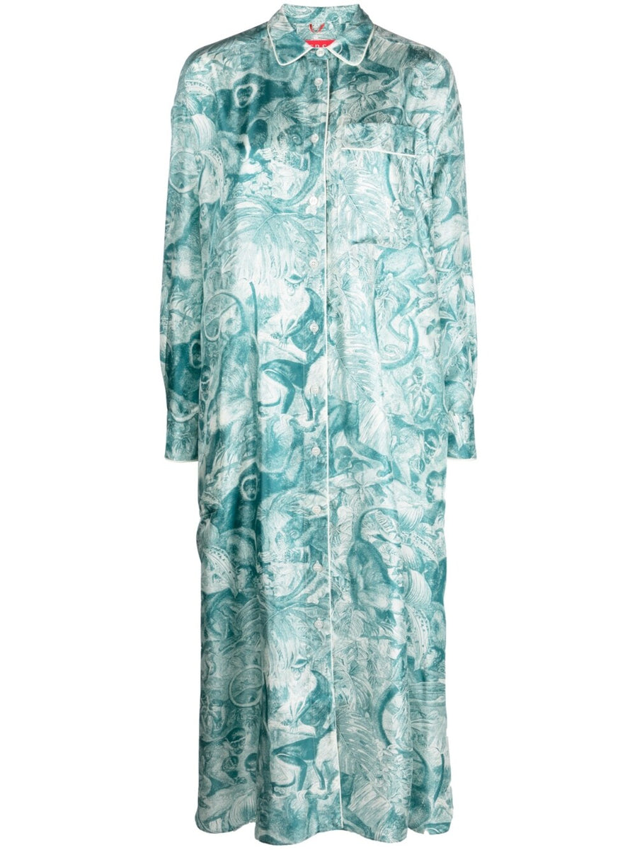 F.R.S Printed Silk Shirt Dress For Women 100 Silk Blue Branch Motif Resort Ready Luxury