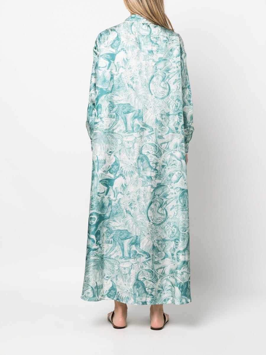 F.R.S Printed Silk Shirt Dress For Women 100 Silk Blue Branch Motif Resort Ready Luxury