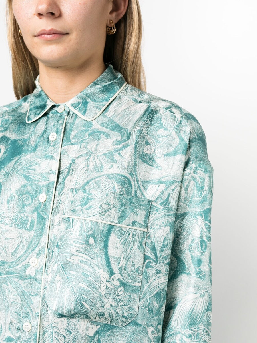 F.R.S Printed Silk Shirt Dress For Women 100 Silk Blue Branch Motif Resort Ready Luxury