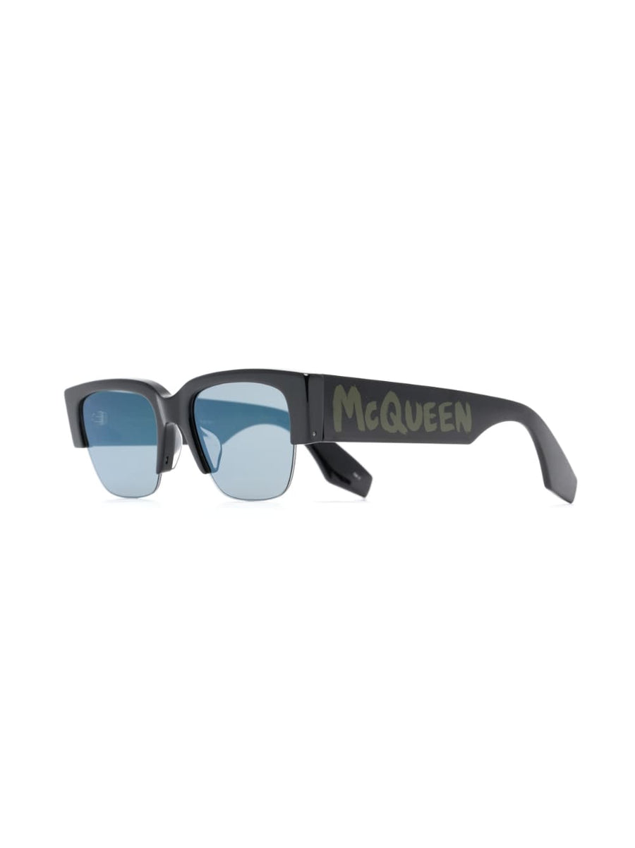 Alexander McQueen Graffiti Sunglasses Bold Logo Branding Premium Black Acetate With Blue Lenses For Fashionable Women