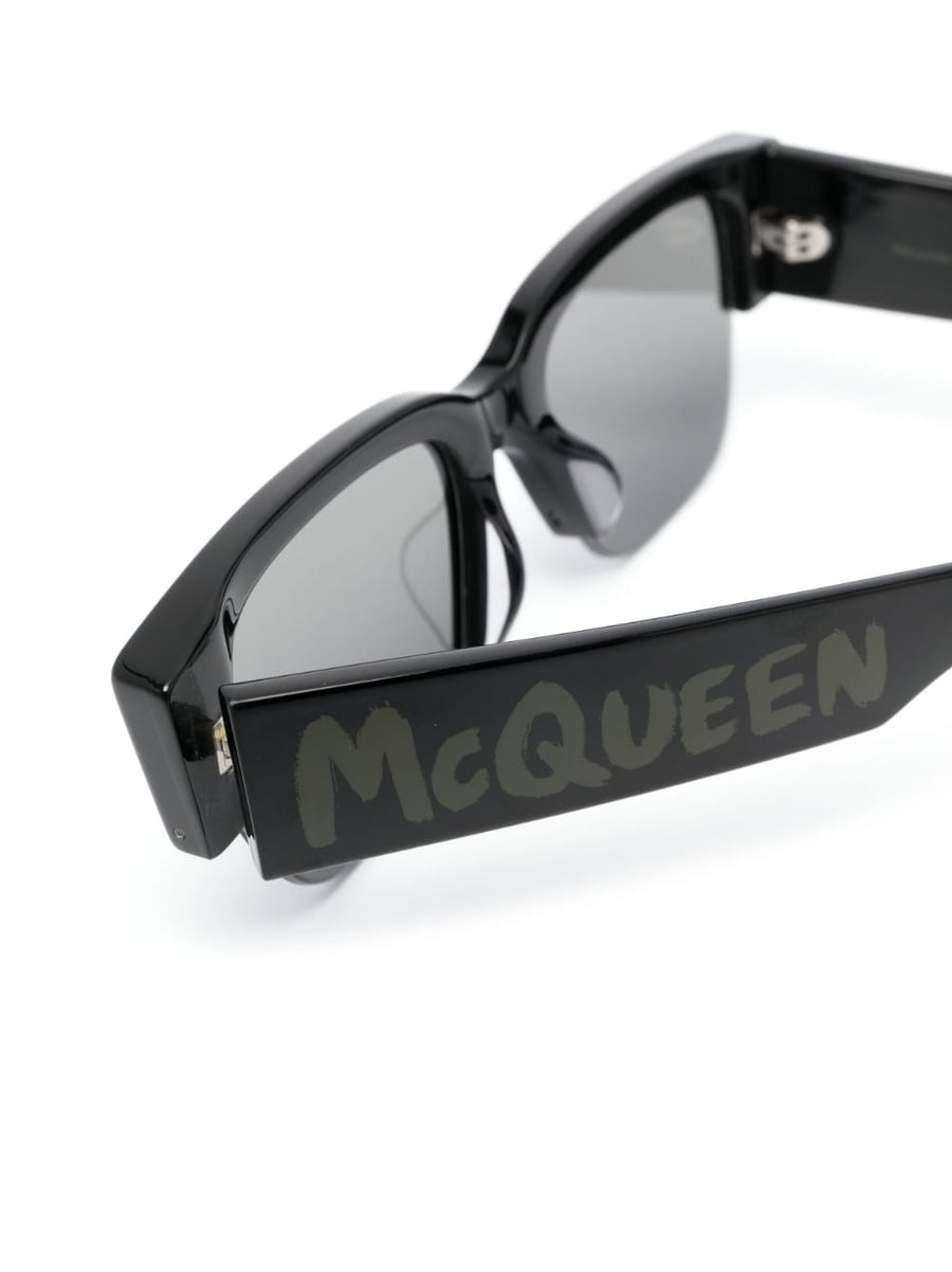 Alexander McQueen Graffiti Sunglasses Bold Logo Branding Premium Black Acetate With Blue Lenses For Fashionable Women