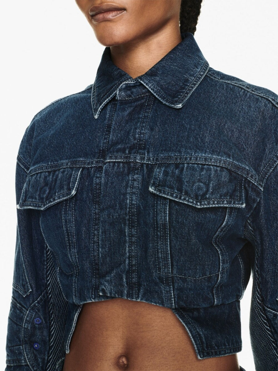 Off White Womens Cropped Denim Jacket With Bold Cutout Motorcycle Detailing For Fashion Forward Women